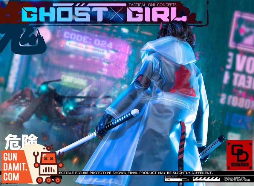 GDTOYS 1/6 GD97004 Ghost Girl rear view showing translucent cloak and katana GDTOYS 1/6 GD97004 Ghost Girl rear view showing translucent cloak and katana