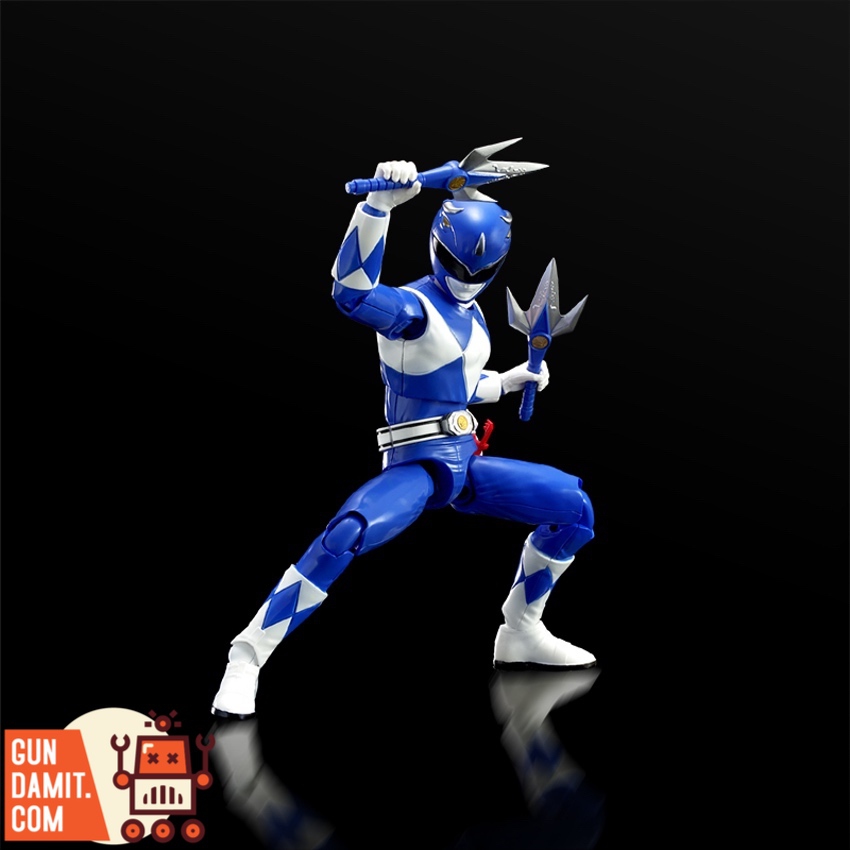 Flame Toys Furai Model Blue Ranger action pose on dark background Flame Toys Furai Model Blue Ranger action pose on dark background