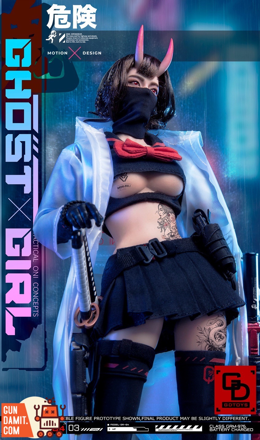 GDTOYS 1/6 GD97004 Ghost Girl full body front view with oni horns and tactical outfit GDTOYS 1/6 GD97004 Ghost Girl full body front view with oni horns and tactical outfit