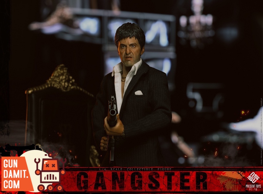 Present Toys 1/6 Gangster figure in pinstripe suit holding shotgun Present Toys 1/6 Gangster figure in pinstripe suit holding shotgun