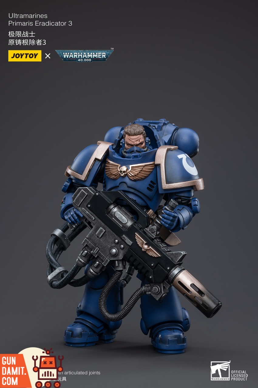 Eradicator 3 blue power armor close-up with weapon Eradicator 3 blue power armor close-up with weapon