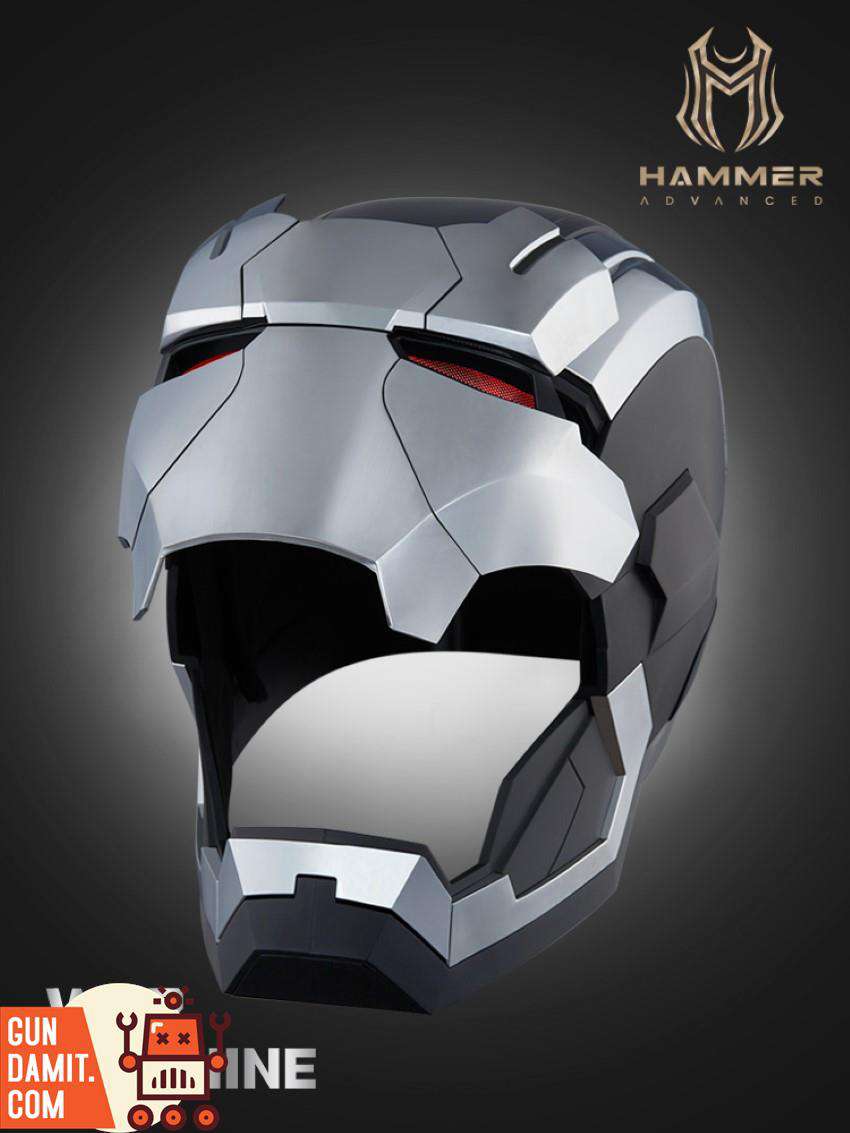 Hammer Advanced 1/1 War Machine wearable helmet front view showing silver armor and red LED eyes Hammer Advanced 1/1 War Machine wearable helmet front view showing silver armor and red LED eyes