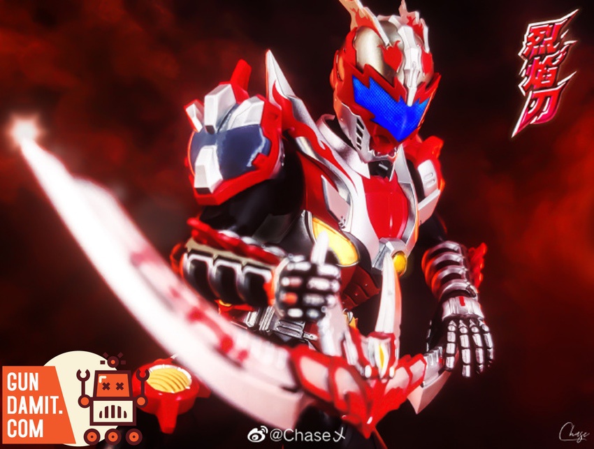 DI-AH-06 Armor Hero Dragon Man holding flame sword close-up view DI-AH-06 Armor Hero Dragon Man holding flame sword close-up view