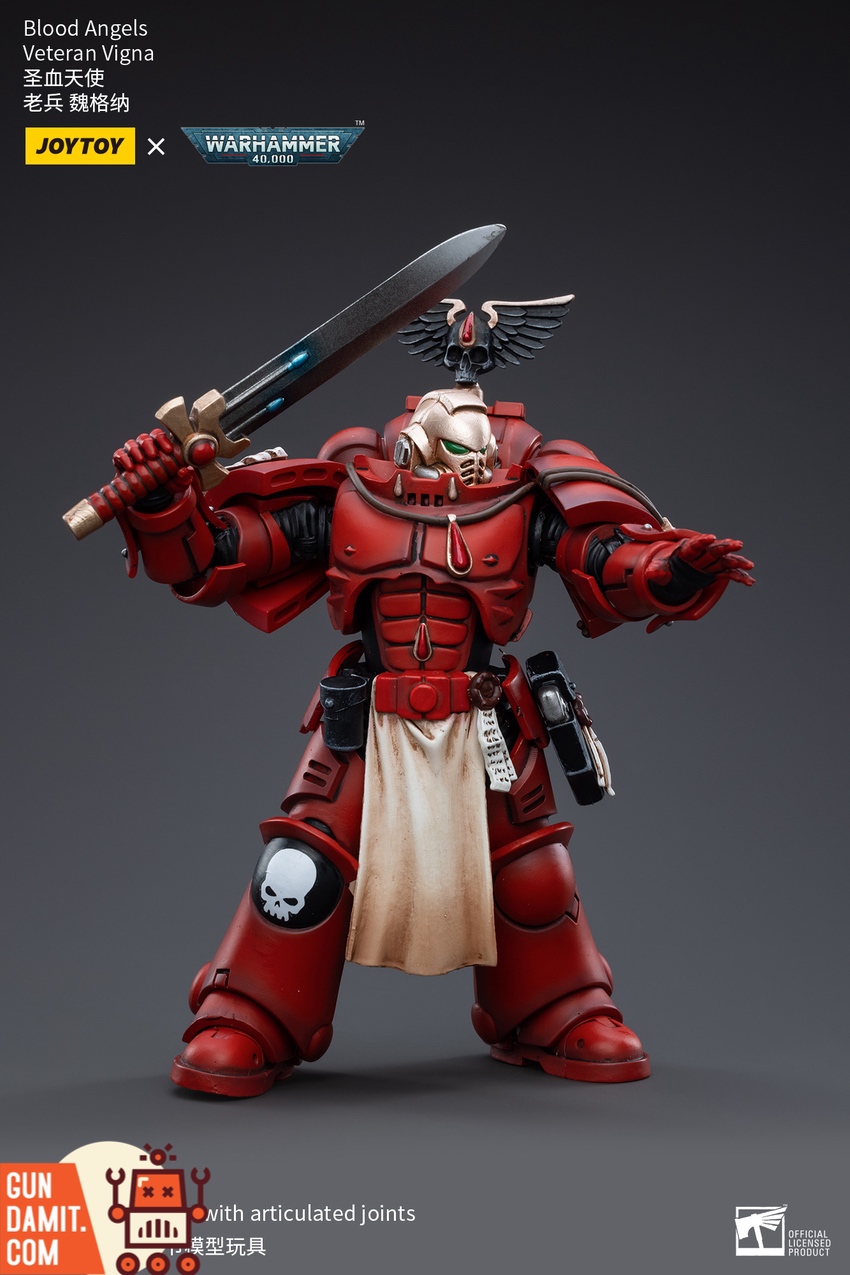 Blood Angels Veteran Vigna rear view with backpack and chapter markings Blood Angels Veteran Vigna rear view with backpack and chapter markings