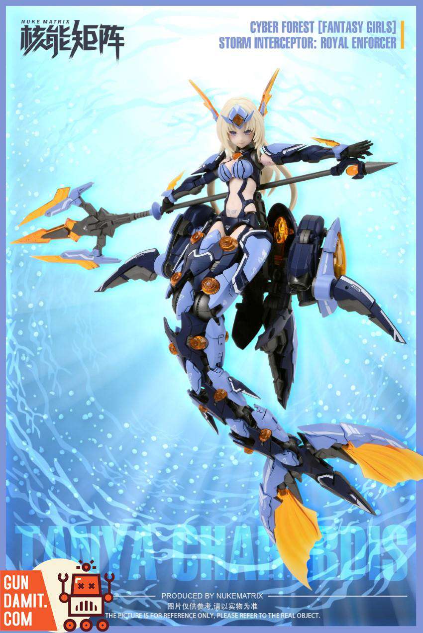 Nuke Matrix Cyber Forest Mermaid model kit front view with blue mecha armor and orange fins Nuke Matrix Cyber Forest Mermaid model kit front view with blue mecha armor and orange fins