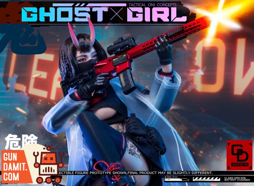 GDTOYS 1/6 GD97004 Ghost Girl holding assault rifle in cyberpunk city setting GDTOYS 1/6 GD97004 Ghost Girl holding assault rifle in cyberpunk city setting