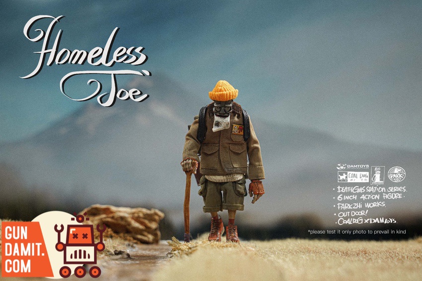 Homeless Joe figure front view with yellow beanie and gas mask Homeless Joe figure front view with yellow beanie and gas mask