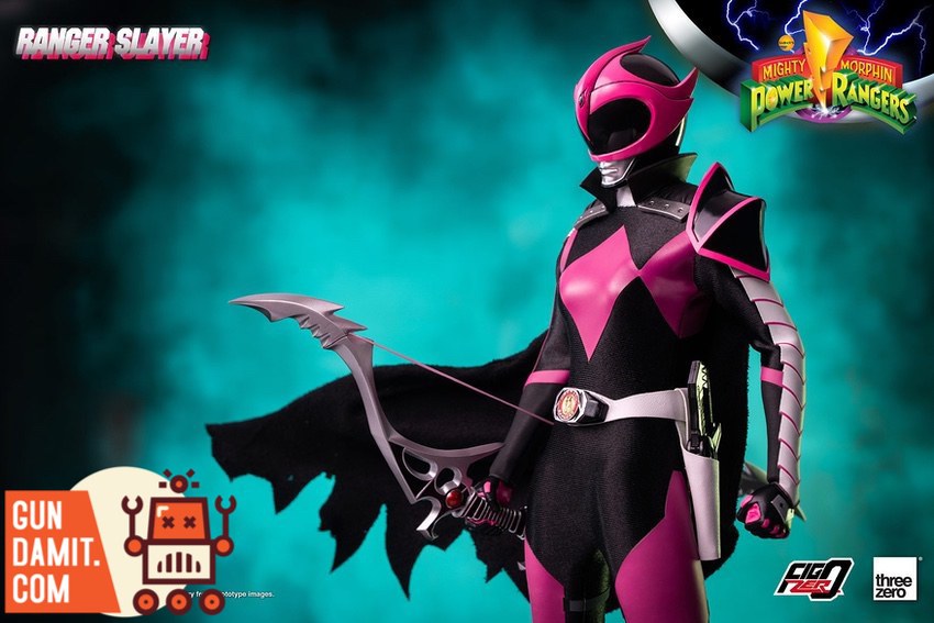 Threezero 1/6 Power Rangers Ranger Slayer front view with bow weapon and pink suit Threezero 1/6 Power Rangers Ranger Slayer front view with bow weapon and pink suit