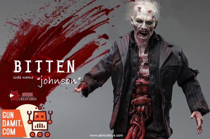 Asmus Toys 1/6 Bitten Series Johnson zombie figure lunging forward with blood splatter Asmus Toys 1/6 Bitten Series Johnson zombie figure lunging forward with blood splatter