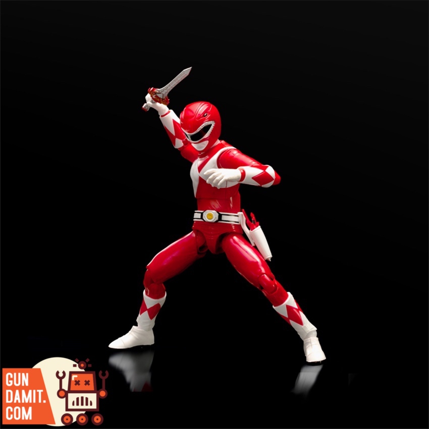 Flame Toys Furai Model Red Ranger heroic pose on dark background Flame Toys Furai Model Red Ranger heroic pose on dark background