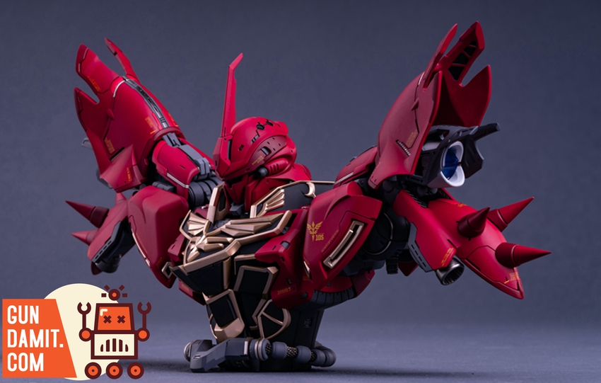 SH Studio 1/60 PG Sinanju upgrade kit crouching pose showing enhanced red armor detail SH Studio 1/60 PG Sinanju upgrade kit crouching pose showing enhanced red armor detail
