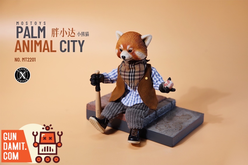 Mostoys MT2201B Lesser Panda side view showing plaid scarf and brown vest Mostoys MT2201B Lesser Panda side view showing plaid scarf and brown vest