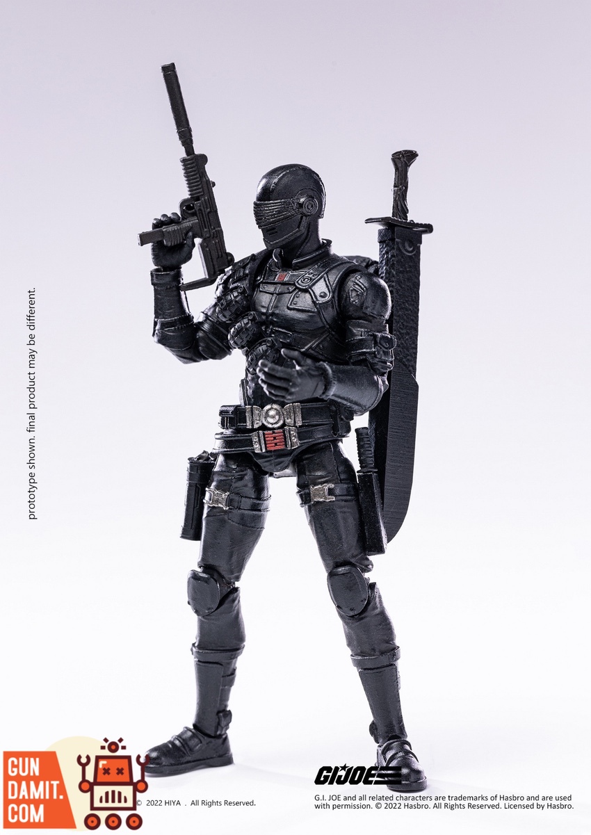 Hiya Toys 1/18 G.I. Joe Snake Eyes front view with SMG and sword on back Hiya Toys 1/18 G.I. Joe Snake Eyes front view with SMG and sword on back
