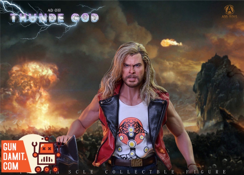 ADD Toys 1/6 AD-011 Thunder God upper body close-up wearing vest with printed tee ADD Toys 1/6 AD-011 Thunder God upper body close-up wearing vest with printed tee