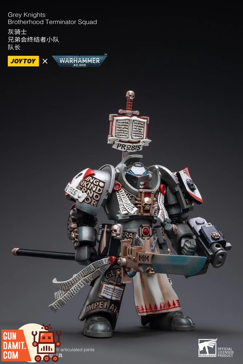 JoyToy WH40K Grey Knights Captain close-up on ornate silver terminator armor JoyToy WH40K Grey Knights Captain close-up on ornate silver terminator armor