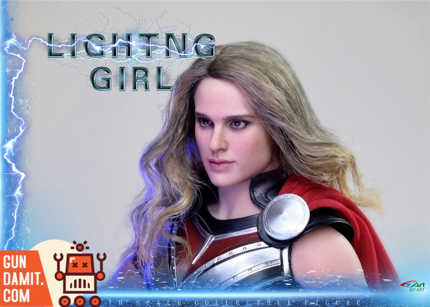 Lighting Girl 1/6 figure close-up on Mjolnir hammer and arm bracers Lighting Girl 1/6 figure close-up on Mjolnir hammer and arm bracers