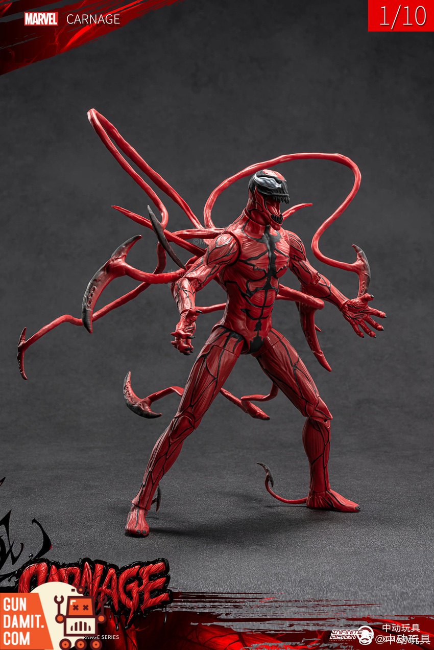 Carnage action figure side view showing red symbiote body and blade arms Carnage action figure side view showing red symbiote body and blade arms