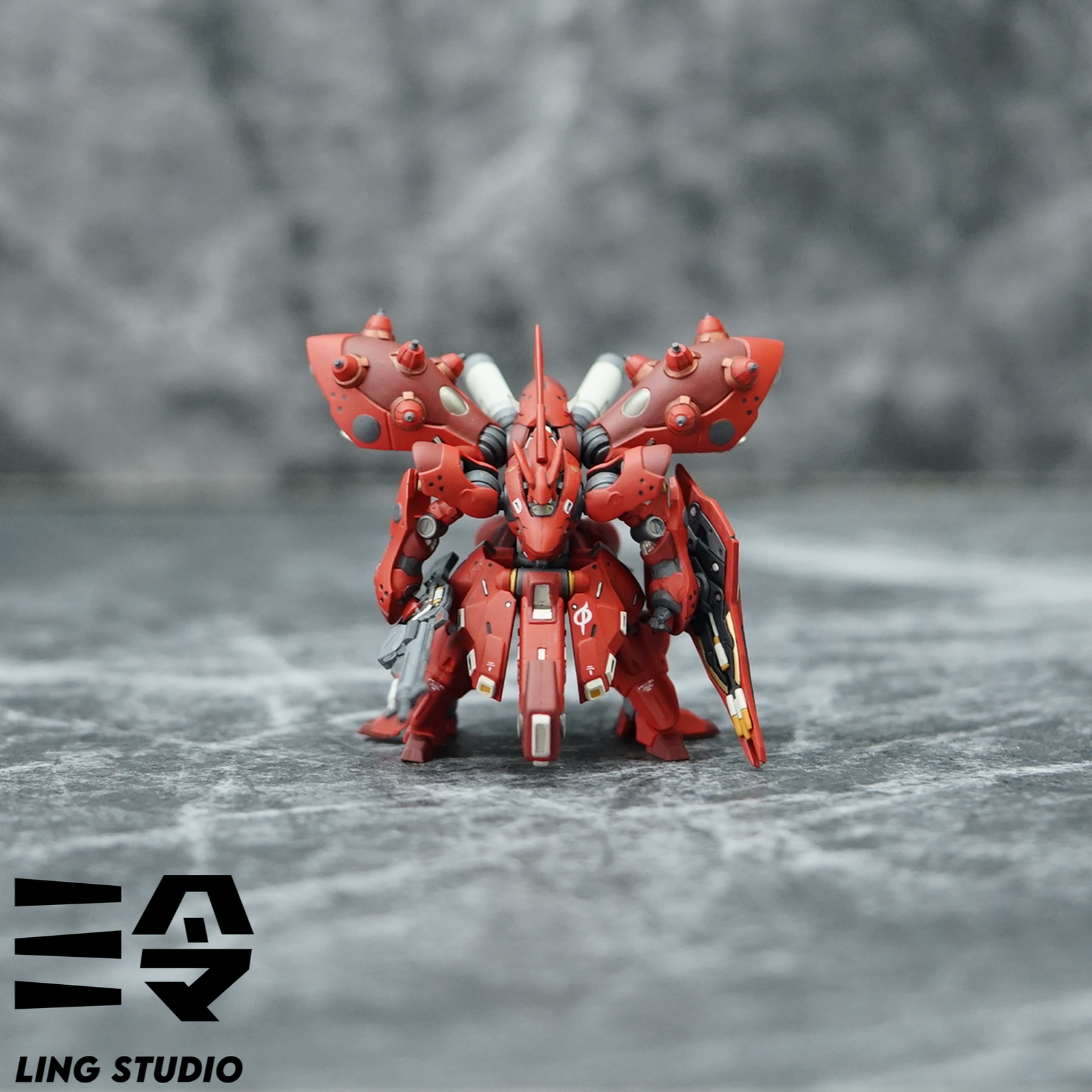 Nightingale Artifact close-up front view showing detailed red armor and weapons Nightingale Artifact close-up front view showing detailed red armor and weapons