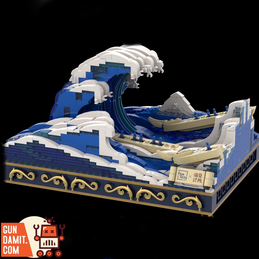 Great Wave building blocks close-up showing blue wave crest and white foam detail Great Wave building blocks close-up showing blue wave crest and white foam detail