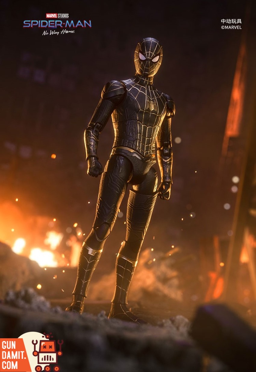 No Way Home Spider-Man black gold suit full accessory spread No Way Home Spider-Man black gold suit full accessory spread