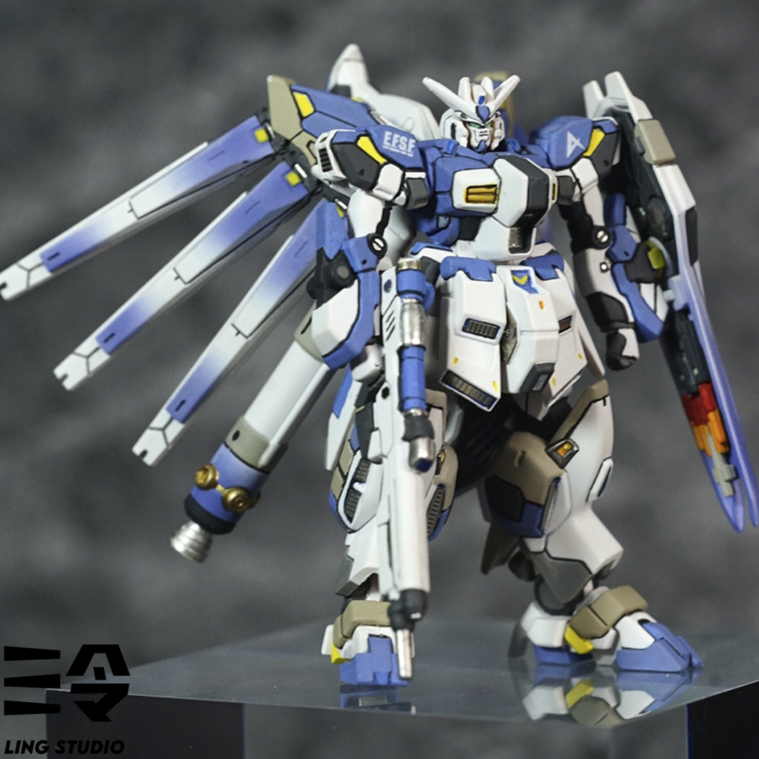 Hi-Nu Gundam pre-assembled kit front view showing blue and white color scheme Hi-Nu Gundam pre-assembled kit front view showing blue and white color scheme