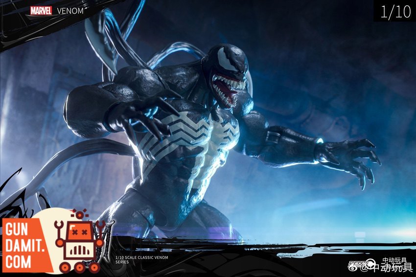 Venom action figure front view with open mouth and tongue extended Venom action figure front view with open mouth and tongue extended