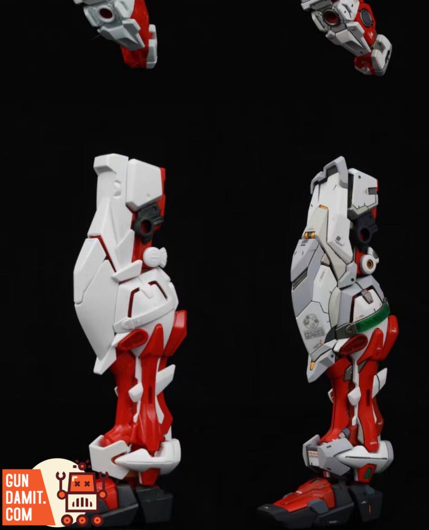 SanZang 1/100 upgrade kit for MG Astray Red Frame showing leg comparison before and after SanZang 1/100 upgrade kit for MG Astray Red Frame showing leg comparison before and after