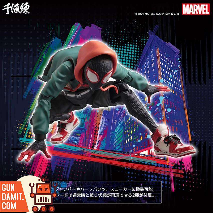 Sentinel Miles Morales Spider-Verse figure crouching in green hoodie outfit Sentinel Miles Morales Spider-Verse figure crouching in green hoodie outfit