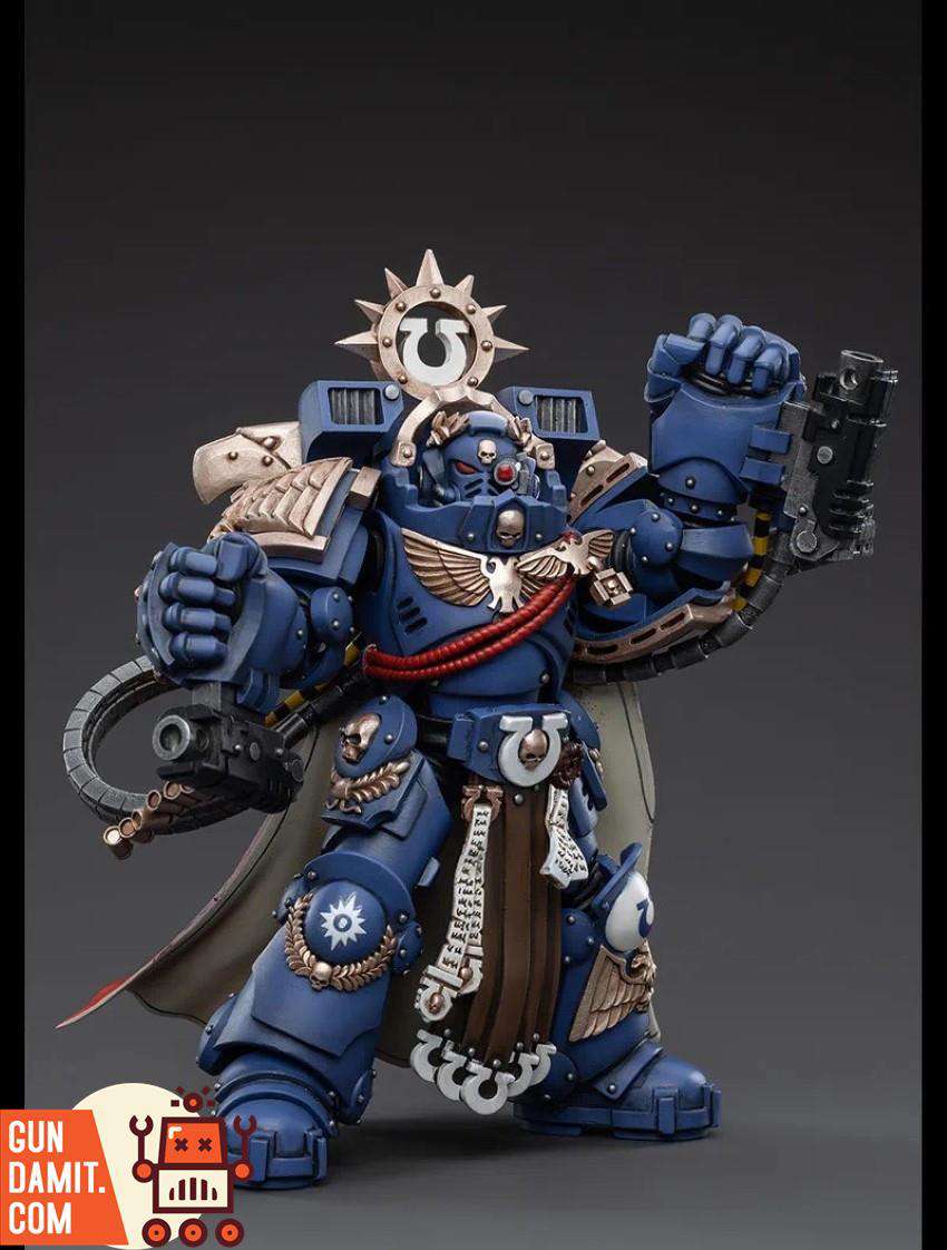 1/18 Marneus Calgar side angle showing ornate blue armor and gold details 1/18 Marneus Calgar side angle showing ornate blue armor and gold details