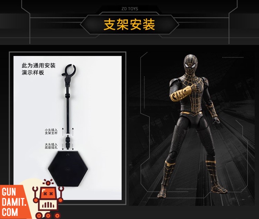 Spider-Man black gold figure front view with web shooting pose Spider-Man black gold figure front view with web shooting pose