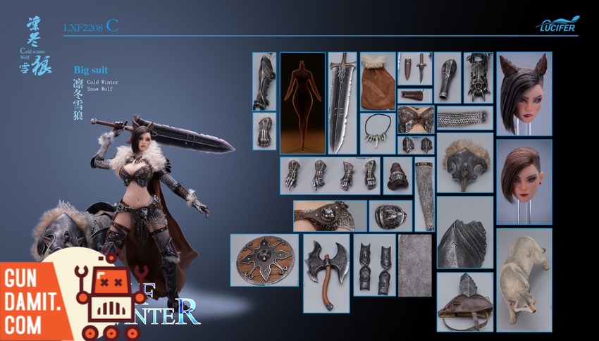 Lucifer 1/6 Cold Winter Wolf Big Set complete accessory layout with warrior and wolf Lucifer 1/6 Cold Winter Wolf Big Set complete accessory layout with warrior and wolf