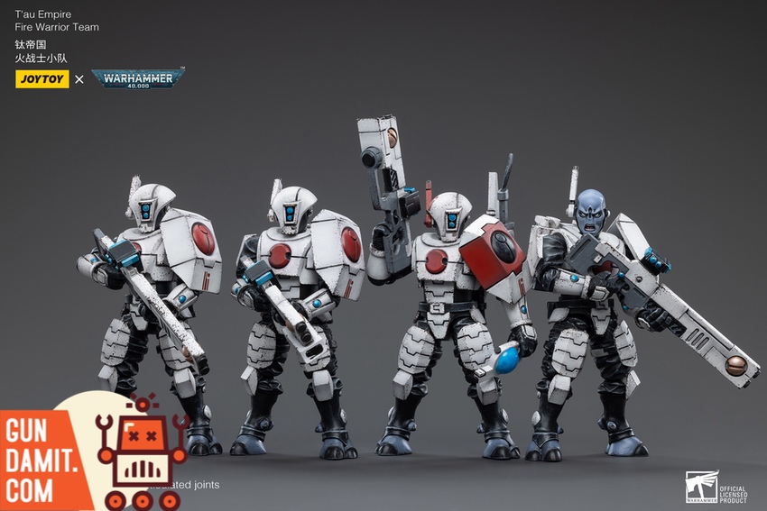 JoyToy 1/18 Tau Empire Fire Warrior set of 4 figures group shot JoyToy 1/18 Tau Empire Fire Warrior set of 4 figures group shot