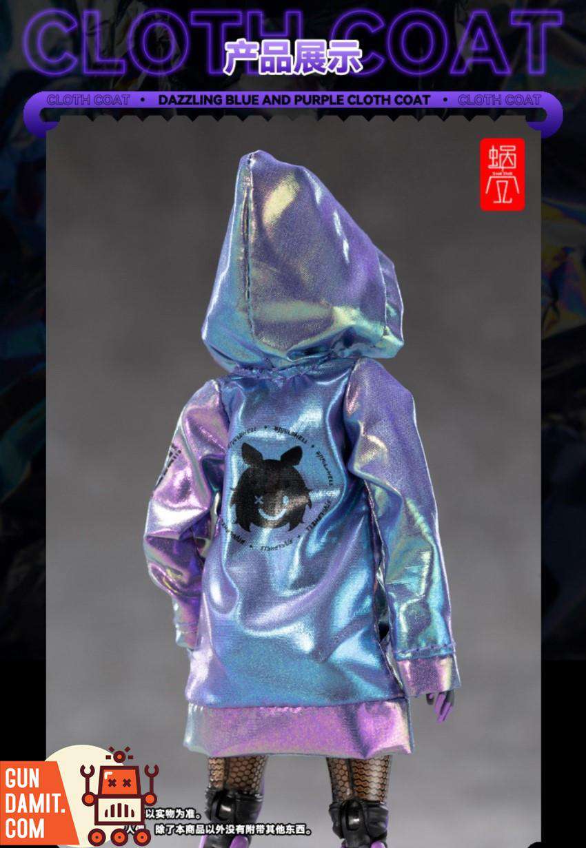 Iridescent purple metallic fabric coat hood and zipper detail Iridescent purple metallic fabric coat hood and zipper detail