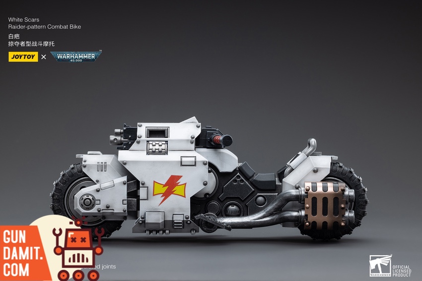 JoyToy 1/18 WH40K White Scars Raider-pattern Combat Bike right side profile view JoyToy 1/18 WH40K White Scars Raider-pattern Combat Bike right side profile view