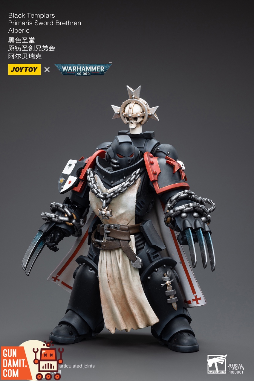 JoyToy Black Templars Sword Brethren Alberic side view with white tabard and shield JoyToy Black Templars Sword Brethren Alberic side view with white tabard and shield