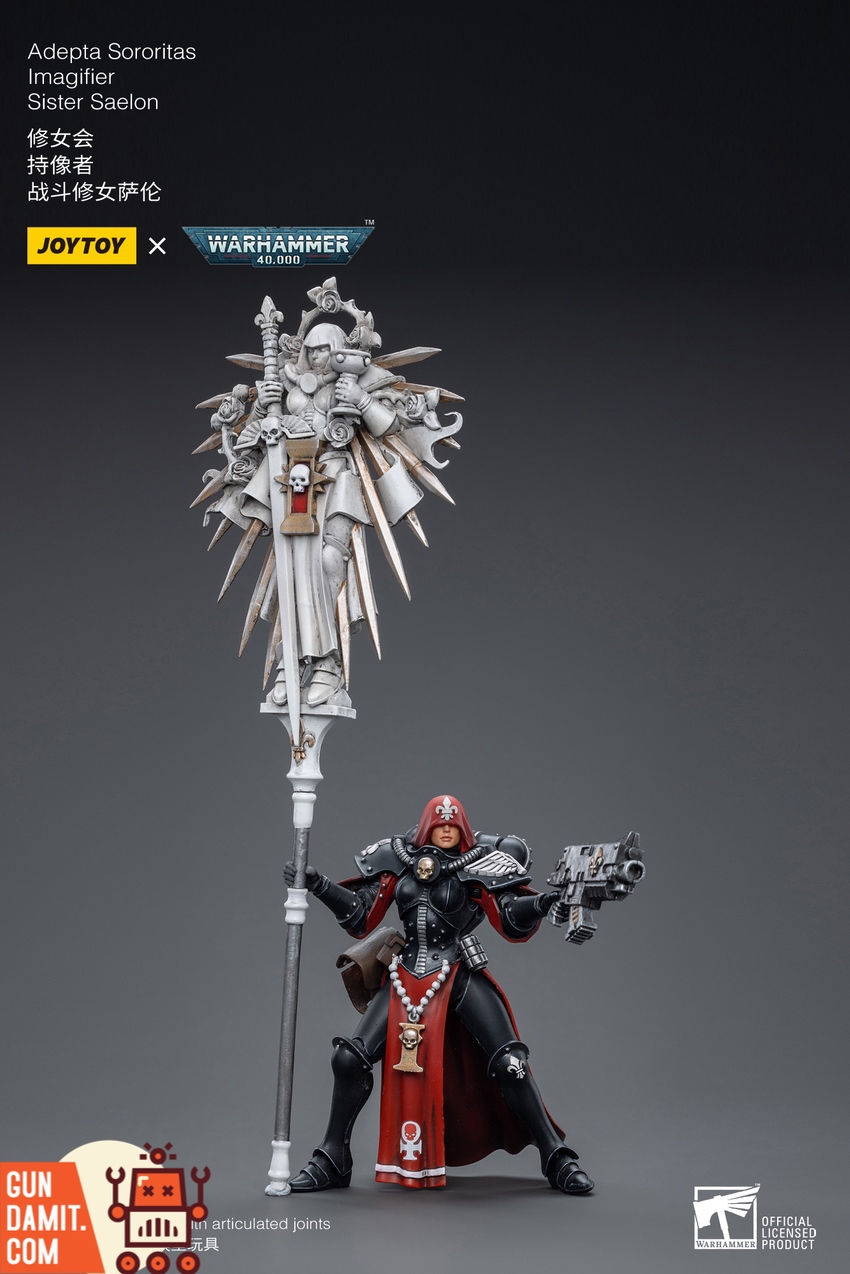 JoyToy WH40K Adepta Sororitas Saelon side view with red hood and black armor JoyToy WH40K Adepta Sororitas Saelon side view with red hood and black armor