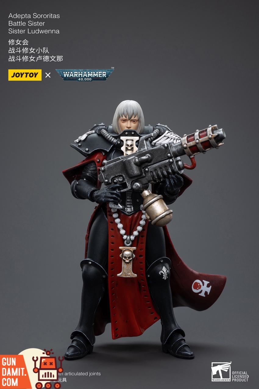 JoyToy 1/18 WH40K Adepta Sororitas Battle Sister Ludwenna front view with heavy bolter JoyToy 1/18 WH40K Adepta Sororitas Battle Sister Ludwenna front view with heavy bolter