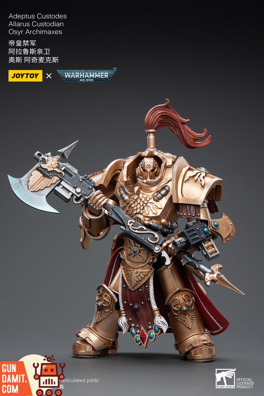JoyToy 1/18 WH40K Adeptus Custodes Allarus Custodian Osyr Archimaxes front view with guardian spear axe JoyToy 1/18 WH40K Adeptus Custodes Allarus Custodian Osyr Archimaxes front view with guardian spear axe