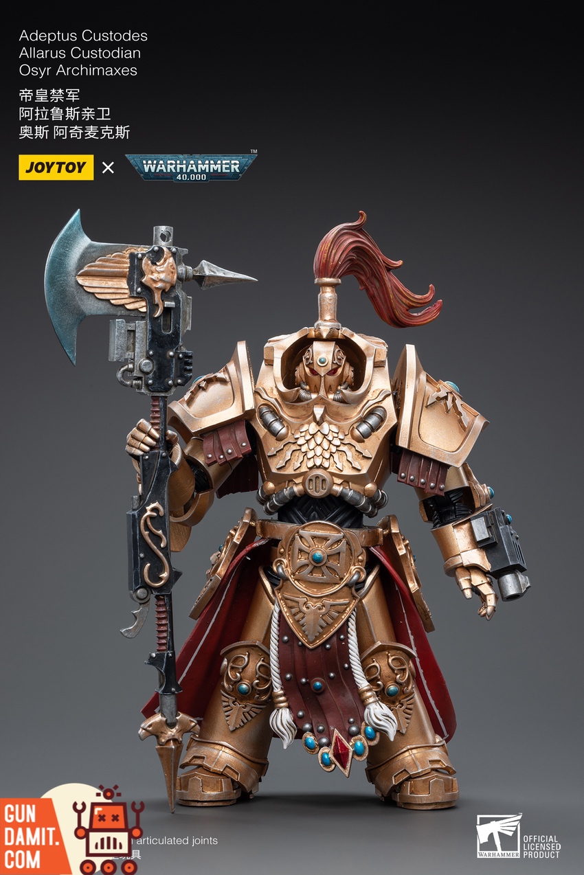 JoyToy Custodes Allarus Osyr close-up showing golden helmet plume and armor detail JoyToy Custodes Allarus Osyr close-up showing golden helmet plume and armor detail