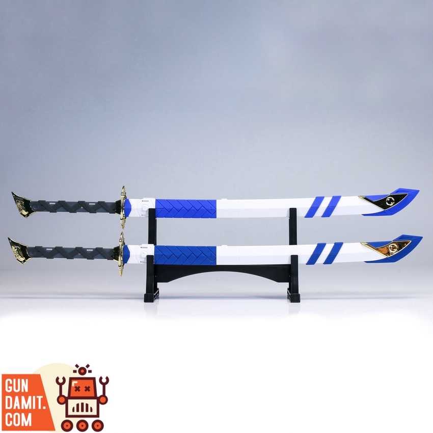 Effects Wings 1/60 PG Astray Blue Frame dual katana weapons with blue scabbards on stand Effects Wings 1/60 PG Astray Blue Frame dual katana weapons with blue scabbards on stand