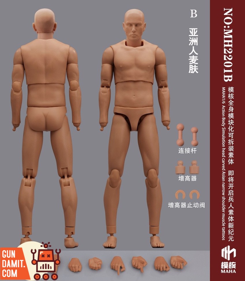 MAHA Studio 1/6 MH2201B Action Body Wheat Skin front and rear view with head sculpt and accessories MAHA Studio 1/6 MH2201B Action Body Wheat Skin front and rear view with head sculpt and accessories