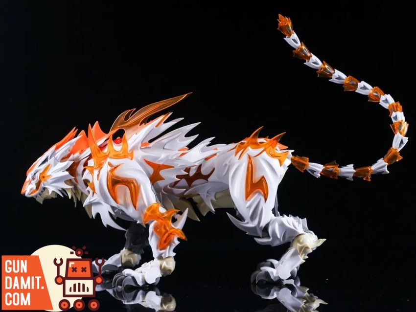 ShenX White Tiger Baihu model kit side view showing flame effects and segmented tail ShenX White Tiger Baihu model kit side view showing flame effects and segmented tail