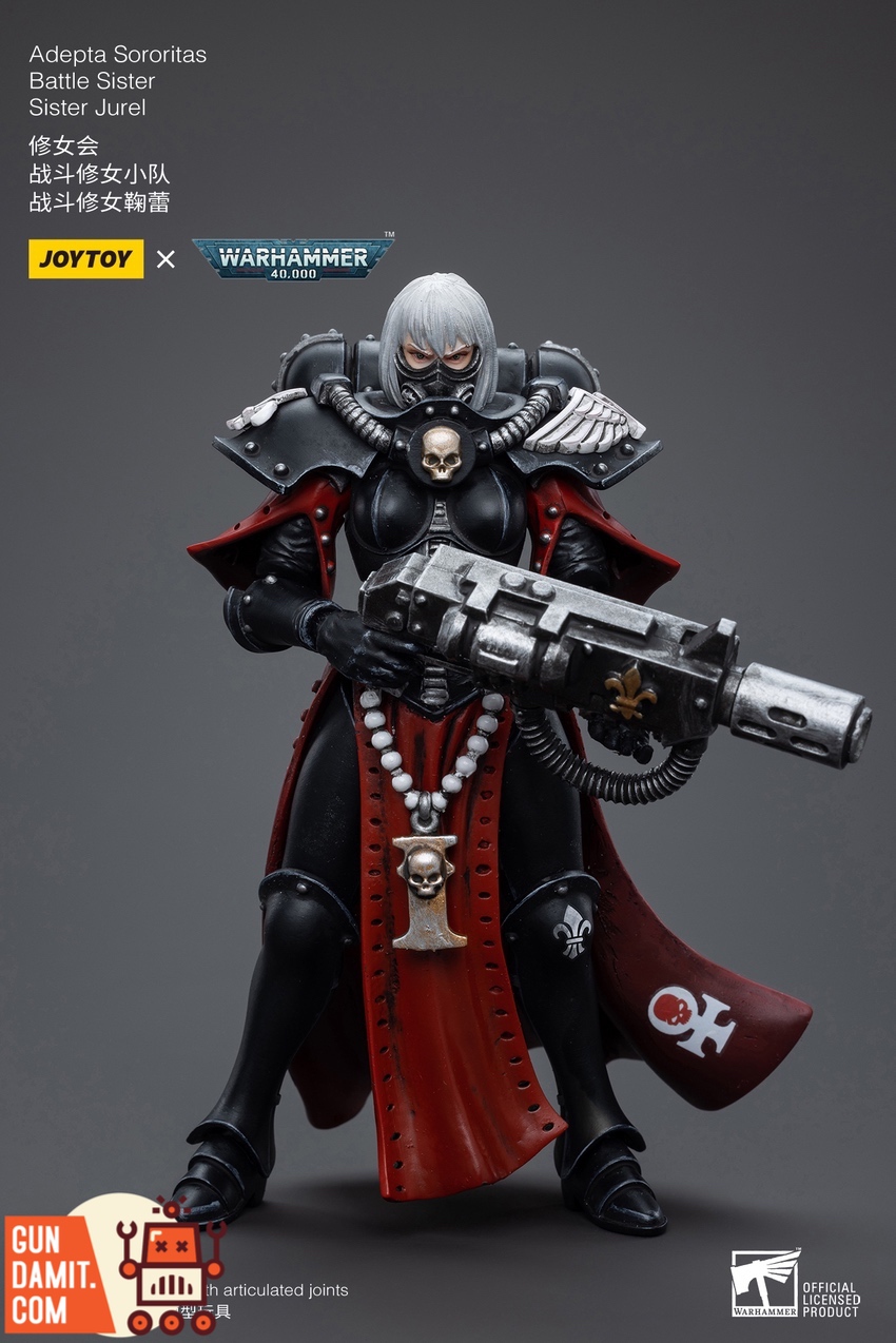 JoyToy WH40K Sister Jurel side angle showing weapon and red robes JoyToy WH40K Sister Jurel side angle showing weapon and red robes
