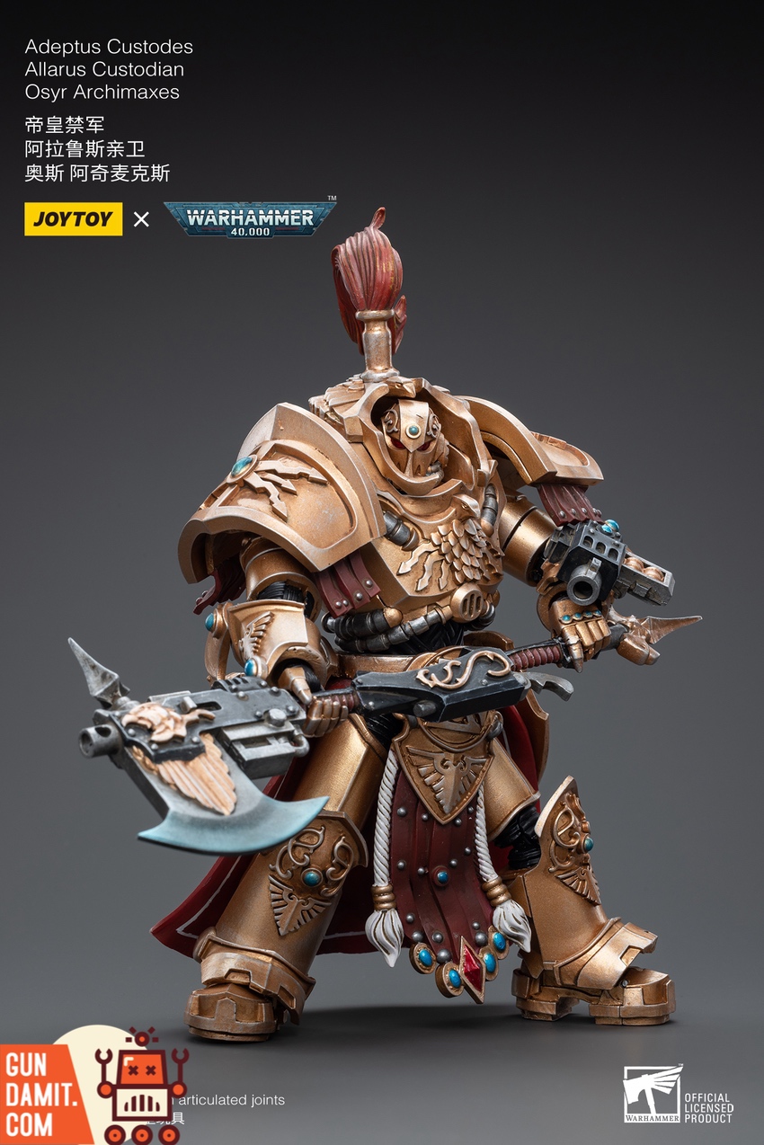 JoyToy WH40K Adeptus Custodes Osyr Archimaxes side view with ornate golden armor JoyToy WH40K Adeptus Custodes Osyr Archimaxes side view with ornate golden armor