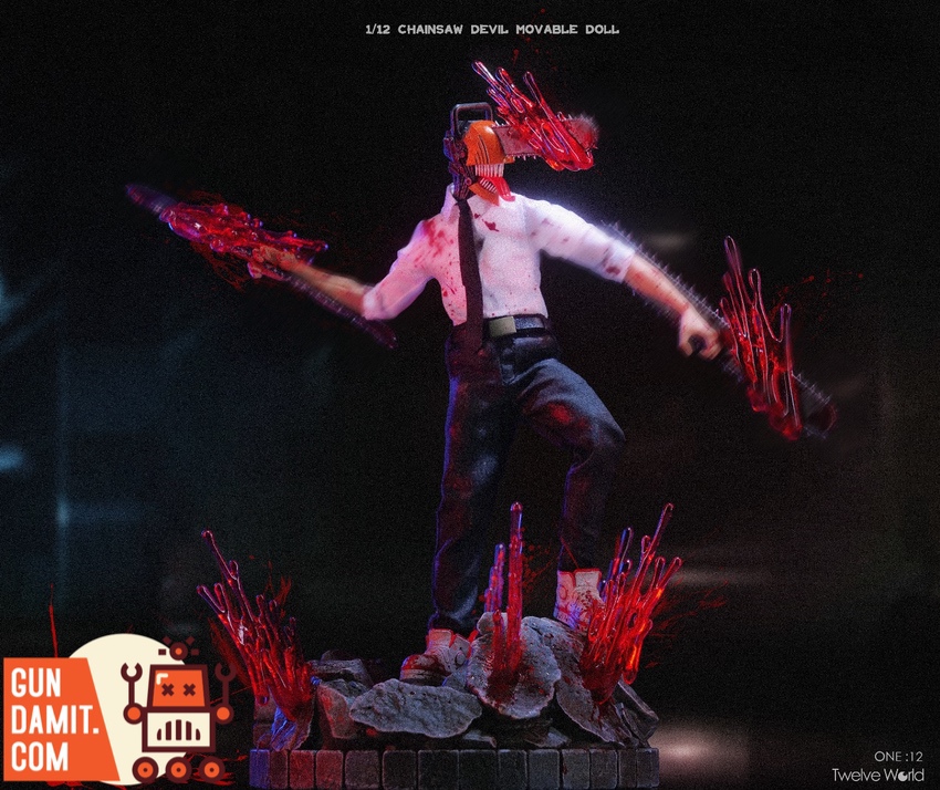 Twelve World Chainsaw Man diorama stand side view with red splash effects Twelve World Chainsaw Man diorama stand side view with red splash effects