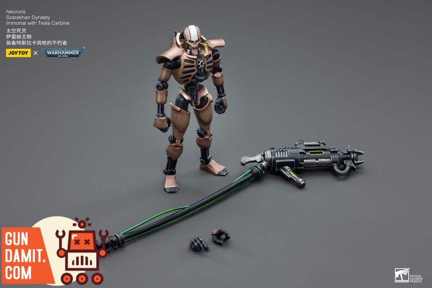 JoyToy Necrons Immortals Tesla Carbine close-up showing weapon and skeletal body JoyToy Necrons Immortals Tesla Carbine close-up showing weapon and skeletal body