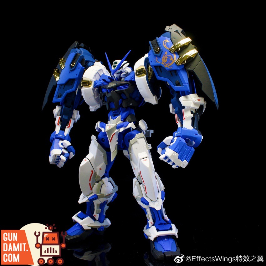 Effects Wings 1/100 MG Astray Blue Frame upgrade kit with blue katana weapons on stand Effects Wings 1/100 MG Astray Blue Frame upgrade kit with blue katana weapons on stand