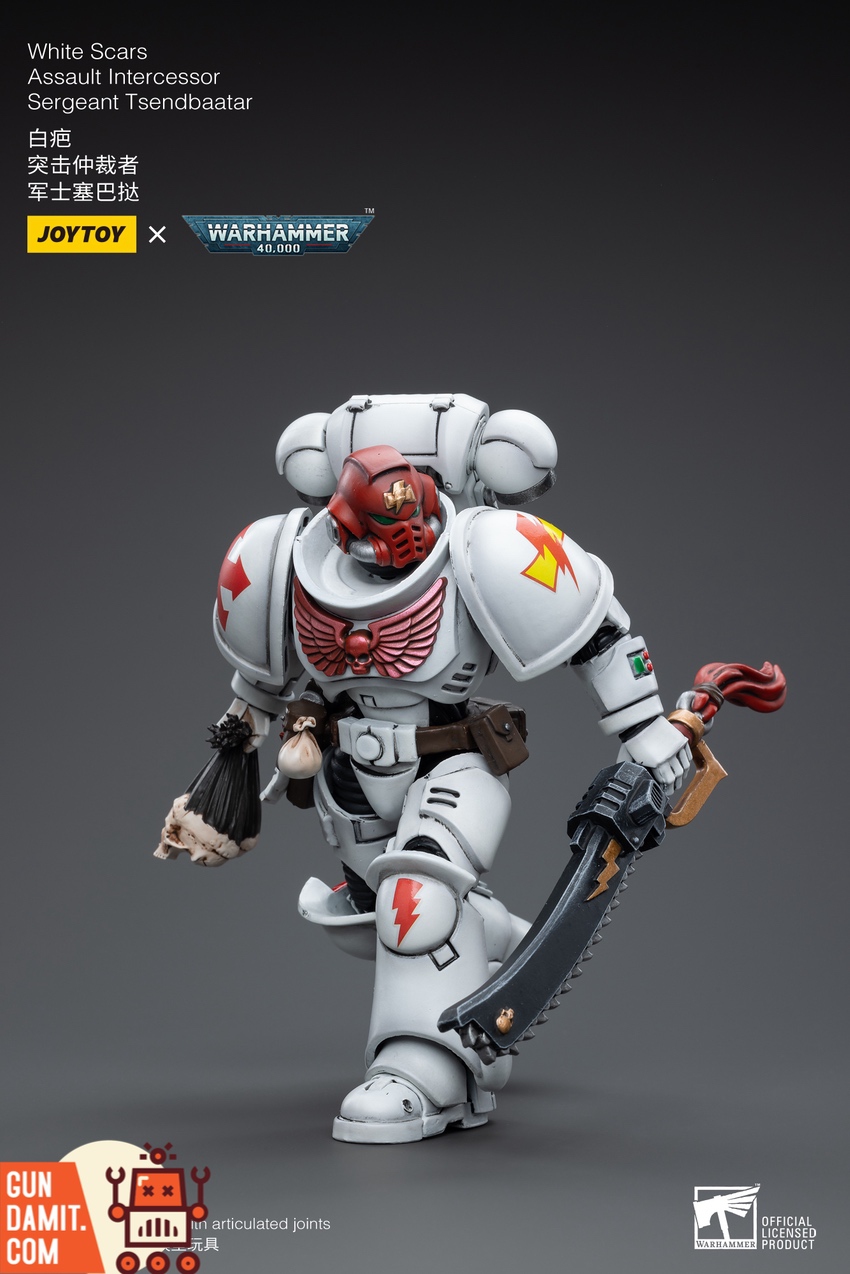 JoyToy WH40K White Scars Sergeant Tsendbaatar running pose with chainsword and skull trophies JoyToy WH40K White Scars Sergeant Tsendbaatar running pose with chainsword and skull trophies
