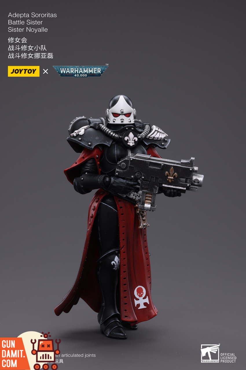 JoyToy WH40K Sister Noyalle side view showing red robes and black armor JoyToy WH40K Sister Noyalle side view showing red robes and black armor
