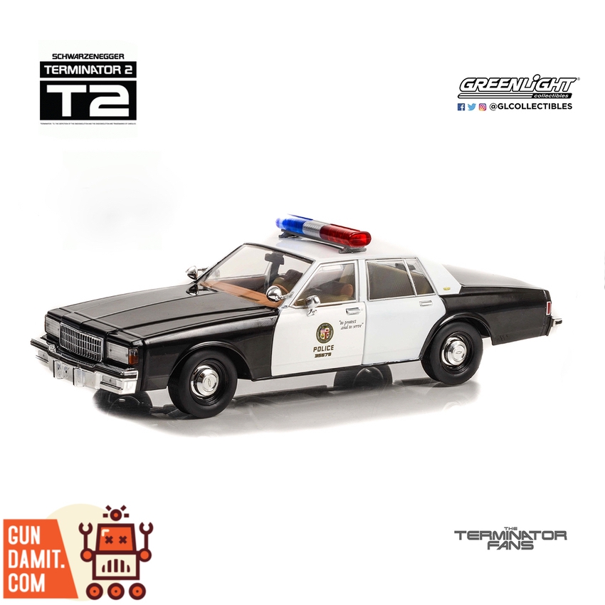 GreenLight 1/64 Terminator 2 1987 Chevrolet Caprice police car three-quarter front view with LAPD markings GreenLight 1/64 Terminator 2 1987 Chevrolet Caprice police car three-quarter front view with LAPD markings